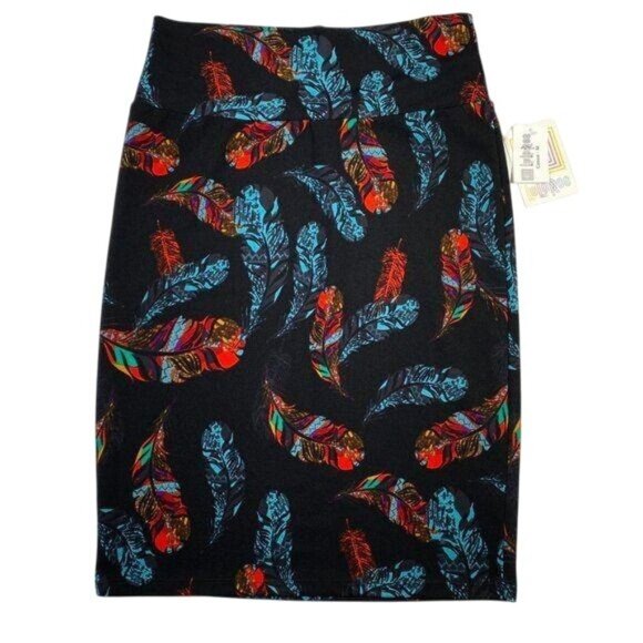 LuLaRoe CASSIE Pencil Skirt Black Boho Feathers Ostrich NWT Medium M LLR HTF - Picture 1 of 5